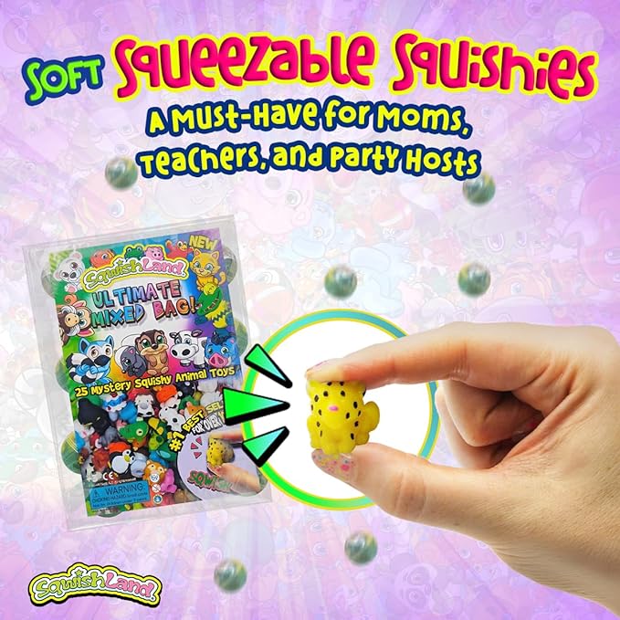 Ultimate Mixed Bag 25ct – Mini Squishy Kids Toys with 25 Mystery Animal Squishies Capsules, Desk Toys & Toppers for Pencil Erasers, Ideal Fidget Party Favors for Kids & Birthday Bulk Gifts