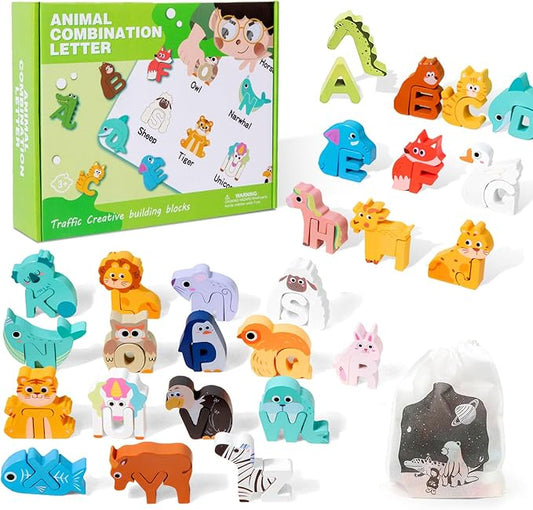 Wooden Alphabet Puzzle for Kids Ages 3-5 - 52pcs ABC Animal Matching Game with Storage Bag, Montessori Learning Toys, 3D Letter Recognition Puzzle, Non-Toxic Educational Gift for Toddlers