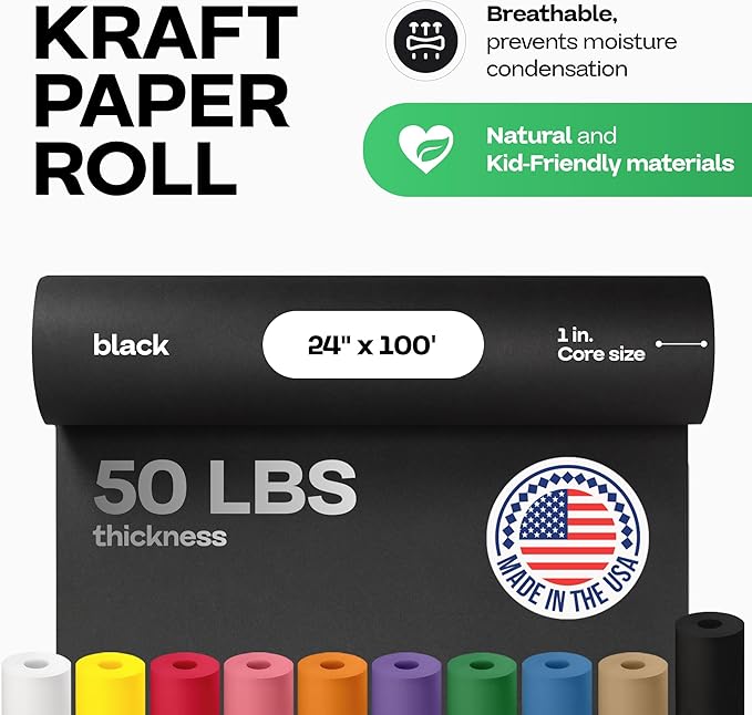 Black Paper Roll 24" x 1200" (100 feet) - USA-Made 50lb Thick Kraft Paper for Packing, Moving, Shipping, Wrapping, Crafts, Arts, Birthday Party - 100% Recycled Gift Wrap Material by IDL Packaging