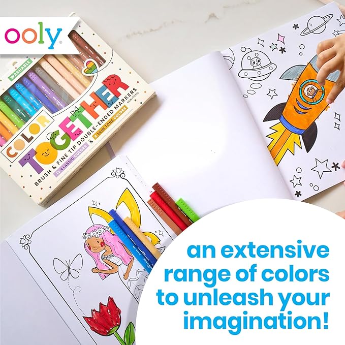 Ooly Color Together Dual Tip Markers - 18 Colors, 12 Bright & 6 Skin Tone, Brush and Fine Tip on Each Marker for Kids, Double Ended Markers for Art Supplies & Stationery Sets - Brush/Fine Tips
