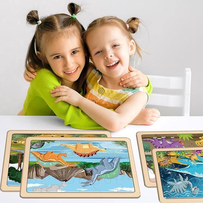 Puzzles for Kids Ages 4-6, 4 Pack Wooden Jigsaw Puzzles with 24 Pieces Each, Dinosaur Puzzle Preschool Educational Learning Toys Set for Boys and Girls