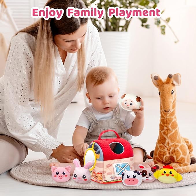 Baby Toys 6-12 Months, Montessori Sensory Newborn Toys, Stuffed Farm Animals with Rattle, Mirror, Crinkle Paper, Gift for 6-12 12-18 Months 1-3 Year Old Toddlers Boys Girls