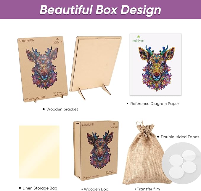 Ruikiyart Wooden Puzzles for Adults, 5MM 200 Pieces Mandala Deer Wooden Jigsaw Puzzles, Elk Puzzle Unique Shapes Pieces Great Gift for Kids and Adults on Birthday, Thanksgiving, Christmas (9.4"x12.2")