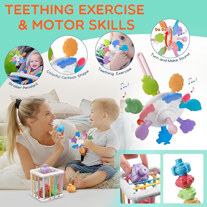 Montessori Baby Toy for 1+ Year Old Sorting Stacking Learning Toys 6 to 12 Months Wooden Building Blocks, Xylophone Musical, Infant Teethers Toys for Baby, 6 in 1 Toy Birthday Gifts for Toddlers 1 2 3