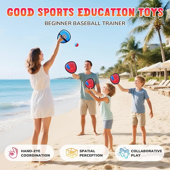 JoyCat Toss and Catch Ball Game Set,Toddler Baseball Training Glove,Beach Toys Yard Games,Kids Outdoor Games for Adults and Family (2 Kids 2 Adult Paddles 4 Balls)