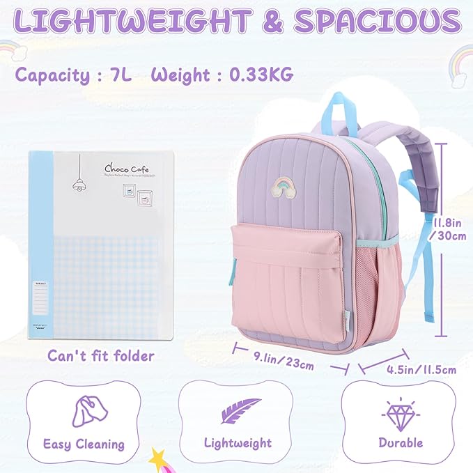VASCHY Toddler Girls Backpack, Kids' Small Lightweight Quilted Color-blocked Bookbag School Backpack for Kindergarten Children Light Purple Pink