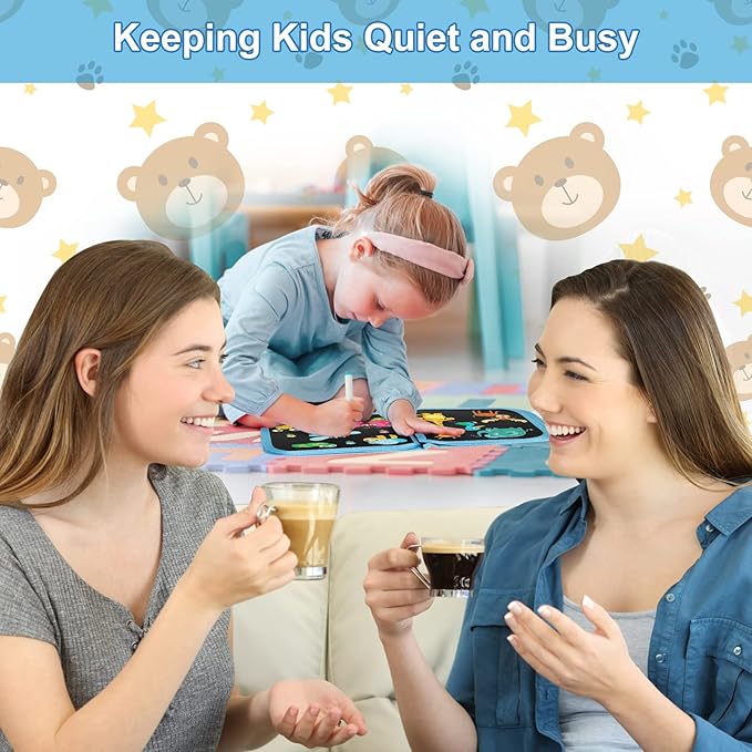 Erasable Doodle Set for Kids - Reusable Magic Drawing Book with 12 Watercolor Pens 14 Page Drawing, Road Trip Car Game Writing Painting Set for Boys and Girls (Bear)