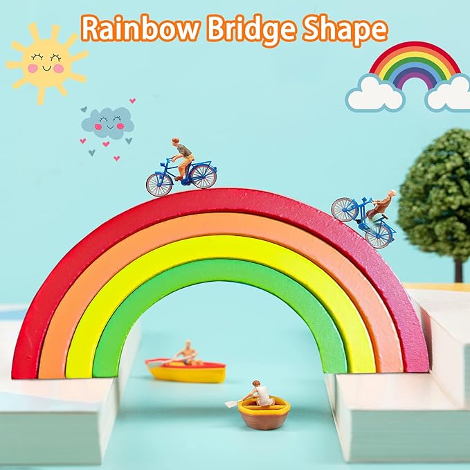 Wooden Rainbow Stacking Toy, Wood Stacker Arch Game, Montessori Arch Bridge Rainbow Building Blocks, Colorful Stacking Blocks Puzzles for Kids 2 3 4 5 Years Old, Rainbow Decor Toys