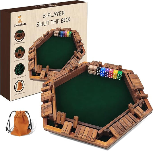Shut The Box Game Wooden Board Game for 1-6 Players with 16 Dice, Dice Game for Adults & Kids at Home, Classroom or Parties