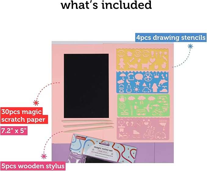 Incraftables Rainbow Scratch Paper Set. Magic Notes Kit with 30pcs Black Scratch Art Paper, 5pcs Wooden Stylus & 4pcs Drawing Stencils. Best Rainbow Notebooks for Kids Drawing & Craft