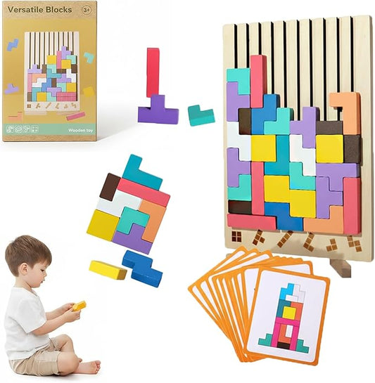 Montessori Brain Blocks, Colored 3D Wooden Russian Puzzle, Develops Logic & Spatial Reasoning, Wooden Stacking Puzzle Giant Board Game, Open-Ended Play Thinking for Boys and Girls (B)