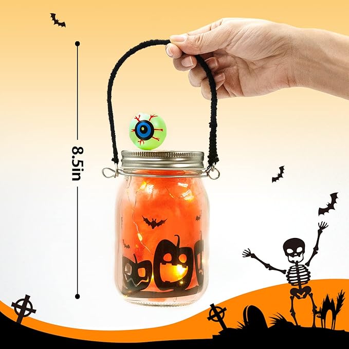 Shemira Halloween Craft Kit for Kids, 4 pcs Glass Mason Jar with Accessories for DIY Lantern Jar, Halloween Art & Craft Party Supplies, Art Activities