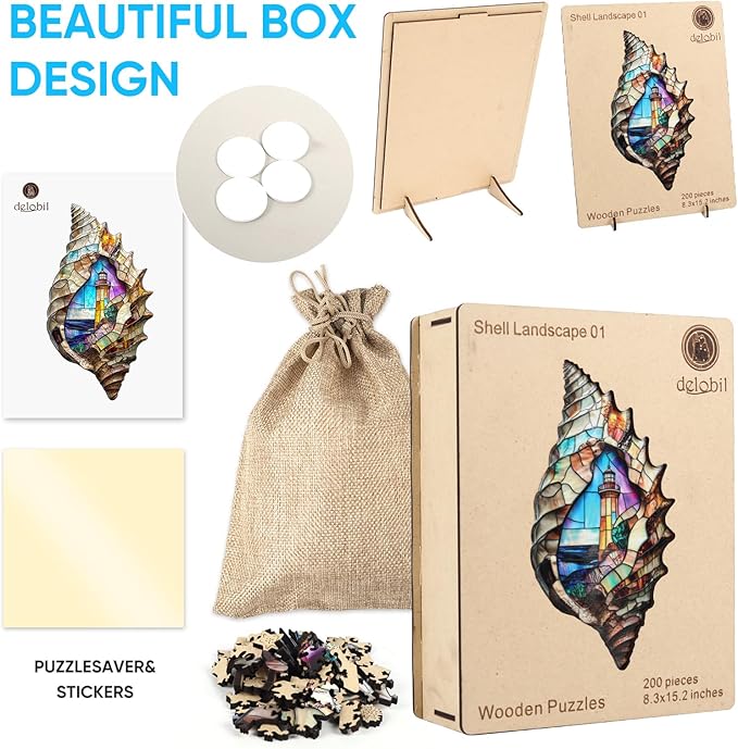 Wooden Puzzles, Shell Landscape Jigsaw Puzzles 200 Pieces, Unique Shaped Wooden Puzzle for Adults and Kids, Ghristmas Gift Family Game 15.2 x 8.3 Inch