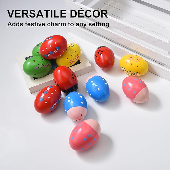 Easter Basket Stuffers, 12 Pcs Wooden Easter Eggs for Kids Babies, Egg Shakers Musical Percussion Instruments for Valentines Easter