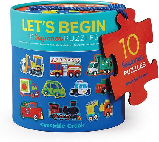 Crocodile Creek Let’s Begin Puzzle - Ten 2-Piece Beginner Puzzles for Ages 2 and Up - Heavy-Duty Storage Canister with Handle - Colorful Vehicles Design - Each Puzzle is 6" L x 4" H Finished