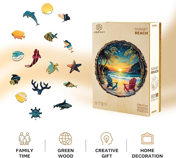 Jigfoxy Wooden Puzzle for Adults, Sunset Beach Wooden Jigsaw Puzzles for Adults, Unique Animal Shape Wood Cut Puzzles for Family Friend Puzzle Lovers(L-13.4 * 13.3in-295pcs)