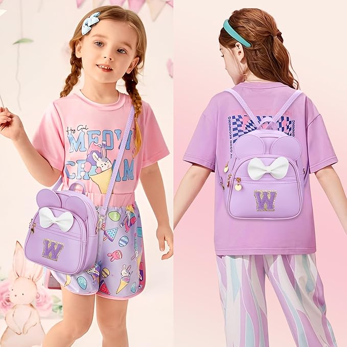 KKXIU Girls Initial Bowknot Cute Mini Backpack for Toddler, Travel Small Girl Backpacks, Personalized Trendy Stuff Gift for Little Girls and Kids(W, Purple)