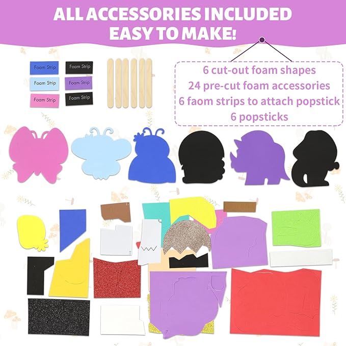 VKPI Make 6 Popstick Puppets Craft Kits for Kids, Foam Crafts, Story Time Toys for Ages 4+ Toddler, Dinosaurs, Butterfly, Preschool Projects Art Crafts, Birthday Holiday Gift