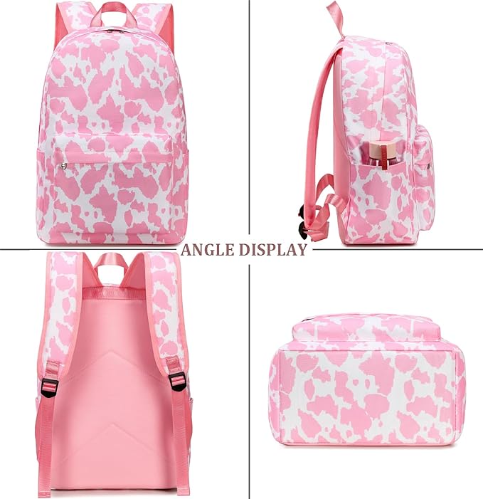 JIANYA Girls Backpack for School, Kids Elementary School Backpacks Water Resistant Pink Cow Print Backpack for Girls with Lunch Box