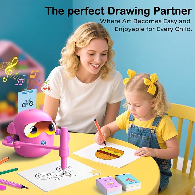 Drawing Robot for Kids with 100 Cards, Montessori Painting Learning Toys for 3 4 5 6 7 8 Year Old Boys Girls,Voice Interactive Early Learning Educational Drawing Toy Gift for Birthday Party