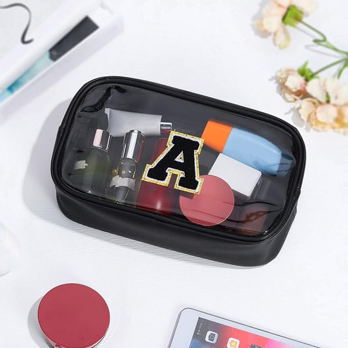YOOLIFE Initial Make Up Bag Travel Toiletry Bag for Women, Clear Makeup Bag Organizer Cosmetic Bags Travel Essentials Gifts for Women Teen Girlfriend Teacher Mom Birthday Mothers Day Gifts Black E