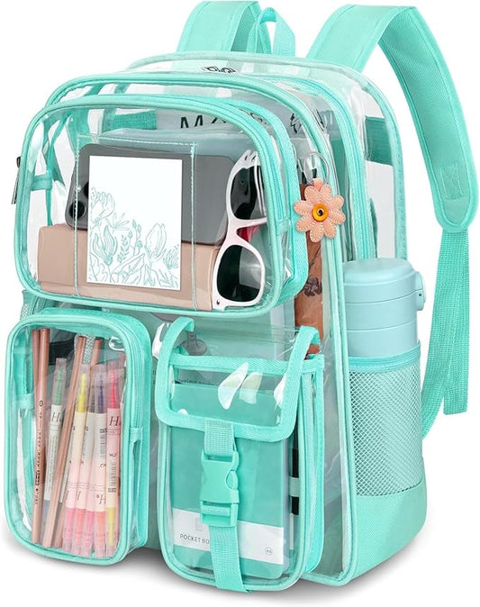 Green Clear Backpack, Heavy Duty PVC Clear Bag for Stadium Events, Transparent Backpack with Reinforced Straps & Stitches for Girls Boys, Large Capacity Bookbag for School, Travel, College, Work