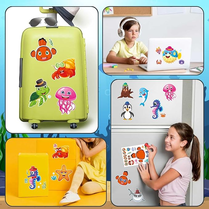 48 Sheets Ocean Stickers for Kids, Make Your Own Sea Animal Mix and Match Sticker Sheets, Make a Face Sticker, Summer Stickers for Kids 3-5 Birthday Party Favor, Teacher Reward