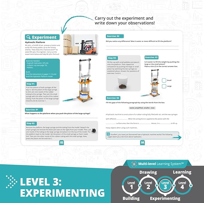 Engino STEAM Labs, How Hydraulics Work, STEAM Kit for Ages 8+, Construction Toys, STEM Project for Girls & Boys, Learning & Education Toys, Engineering Kit (4 Models)