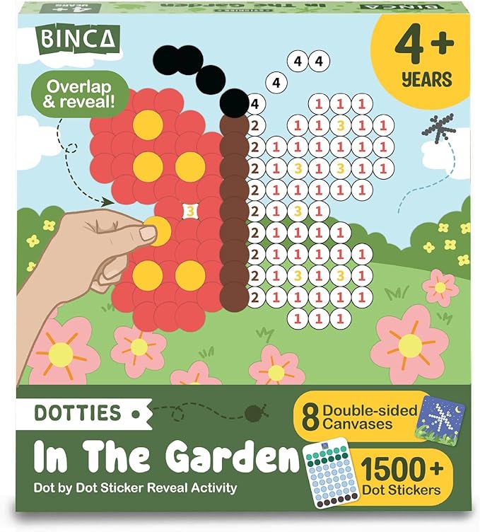 BINCA Dotties Dot Art Activity Kit, 1500+ Stickers, 8 Garden Animals Mess-Free Activities, DIY Dot Sticker Art for Toddlers, Kids Travel Activities, Craft Kits & Gifts for Boys & Girls Ages 4,5,6,7