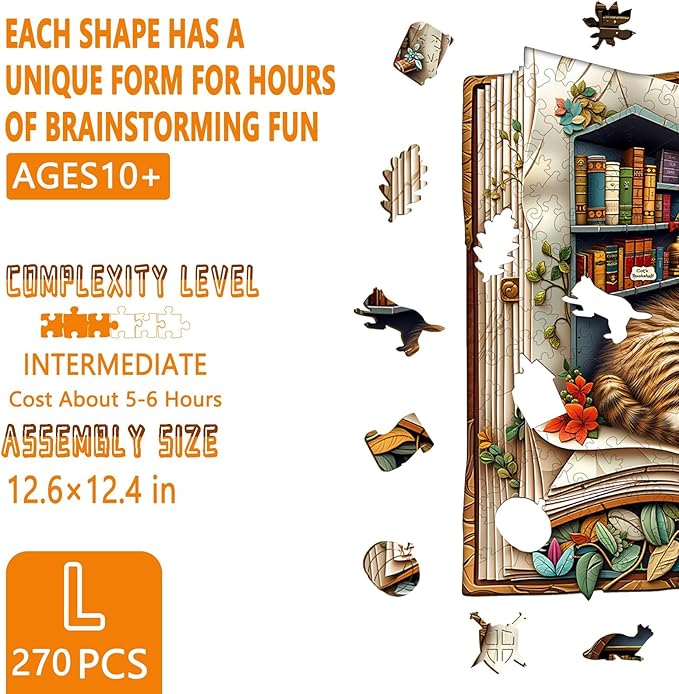 Wooden Puzzles for Adults, Cat in The Book Wooden Jigsaw Puzzle for Adults, Unique Shape Wood Puzzles Adult, Book Lovers Gifts for Teens, Wall Art Home Decor(L-12.6 * 12.4in- 270 Pieces)