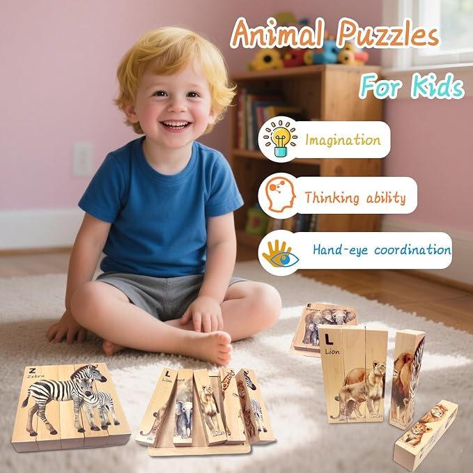 Wooden Puzzles for Toddlers, Montessori Toys, 4 in 1 Wooden Animal Puzzle Toy, Wood Block Puzzle with Durable Base, Preschool Learning Educational Toys for Kids & Toddlers