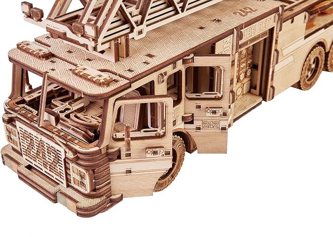 Wood Trick Rescue Firetruck Movable - Rotating Extendable Ladder - 3D Wooden Puzzles for Adults to Build - Rides up to 20 ft - Wooden Models Engineering DIY Project Mechanical Model Kit