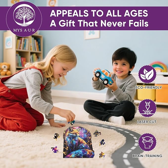 Wooden Puzzles for Adults, Luminous Fox Jigsaw Puzzle 200pcs, 8x11.4in, Unique Shape Wood Puzzles Adult, Creative Gift for Kids Family Game