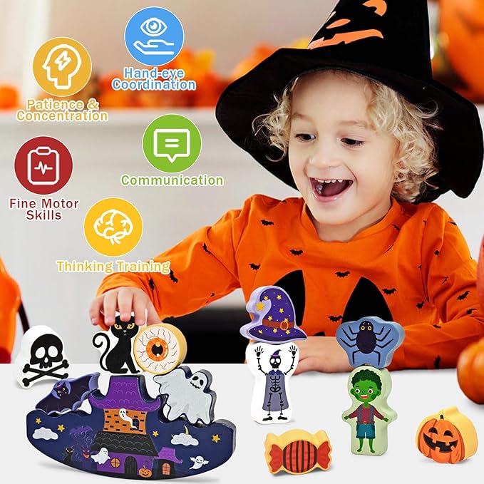 Vileafy Halloween Wooden Toys Figures Set for Kids Ages 3-5 – 12PCS Montessori Balance Stacking Toys for Toddlers 3 4 5 6 with Ghost, Witch, Pumpkin, Decorations & Fine Motor Toys
