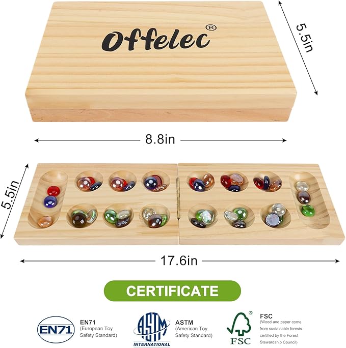 Mancala Board Game Set, Portable Travel Wooden Folding Set, Fun Table Games for Kids Adults Family Night, 48 Multi Color Glass Stones, Birthday, 2 Players Games