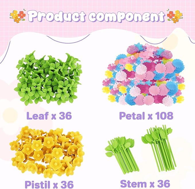 FUNZBO 216 Pcs DIY Fabric Flower Bouquets Toys Accessories - Flowers Market Toy Accessorie - Arts & Crafts Toy Accessories for 4 5 6 7 8+Year Old Girl Birthday Gifts Ideas (36 Flower Stems)