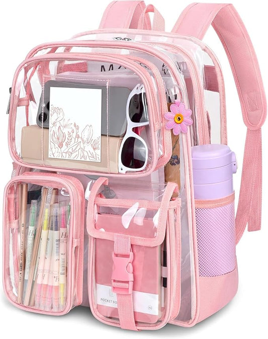 Attmu Pink Clear Backpack, Heavy Duty PVC Clear Bag for Stadium Events, Transparent Backpack with Reinforced Straps & Stitches for Girls Boys, Large Capacity Bookbag for School, Travel, College, Work