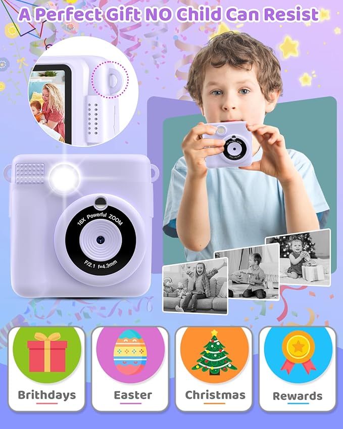 Instant Print Camera for Kids with 3 Rolls of Printer Paper, 1080P Toddler Digital Camera Toys for Age 3-12 with 32GB SD Card, Christmas & Birthday Gifts for 3 4 5 6 7 8 Year Old Girls & Boys (Purple)