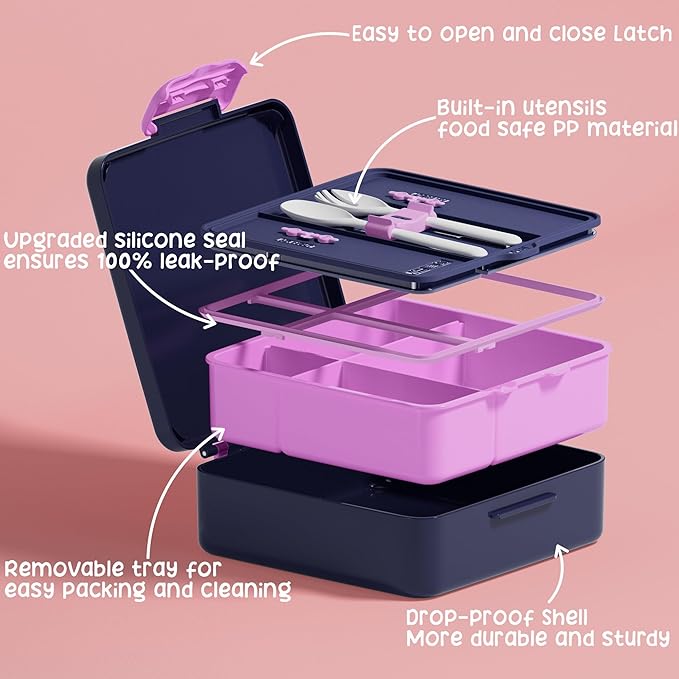 Fimibuke Kids Bento Lunch Box with 4 Compartments, Insulated lunch Bag, Stainless Steel Insulated Water Bottle, Ice Pack & Utensils Set, Birthday Gifts for Ages 3-12 Back to School Toddler Girls Boys