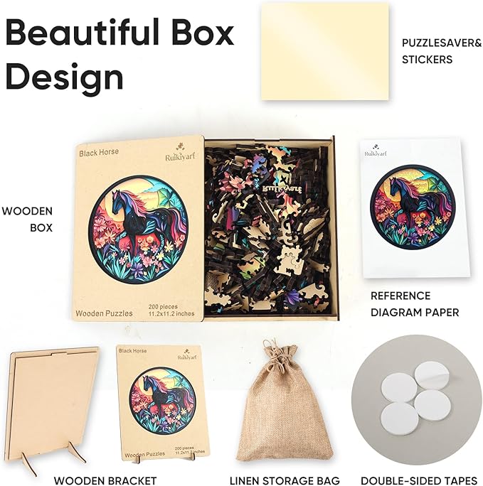 Ruikiyart Wooden Puzzles for Adults, 5MM 500 Pieces Black Horse Wooden Jigsaw Puzzles, Animal Unique Shaped Puzzle Gifts for Adults and Kids on Thanksgiving, Family Puzzle Games(16.5"*16.5")