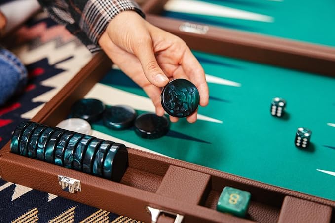 19 Inch Premium Backgammon Sets for Adults Leather Brown - Green. Premium 1.6 Inch Checkers & Dice Set, Travel Backgammon Set, Large, Backgammon Board Game, Backgammon Game Set