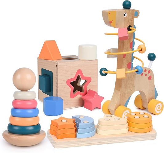 Wooden Montessori Toys for 1 Year Old, 4-in-1 Educational Sensory and Baby Learning Toys for Toddlers Aged 1-3, Boy and Girl's Best Gifts for Birthday (Log)