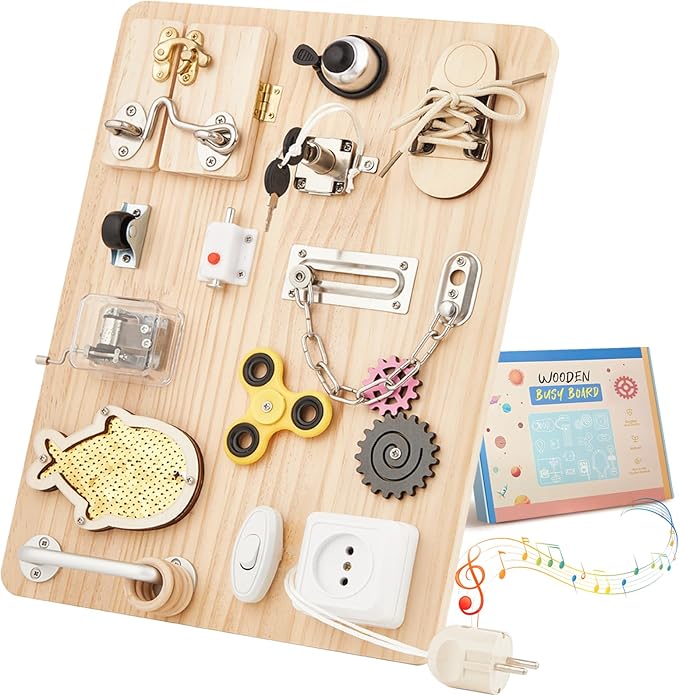 Wooden Montessori Large Busy Board for 1 2 3 4 Year Old, Sensory Activity Busy Board for Toddler Kids Baby Boys Girls, Travel Educational Toy for ADHD & Autistic Children