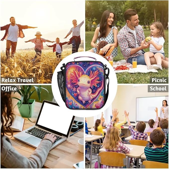 Insulated Lunch Box for Girls Kids Axolotl Lunch Bags Reusable Portable Lunchbox with Adjustable Shoulder Strap and Water Bottle Holder for Work School Travel