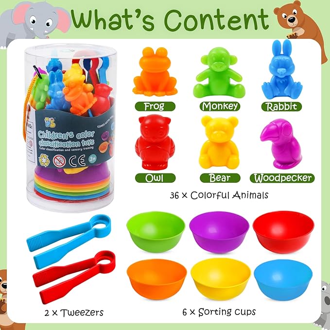 Counting Color Sorting Toys Animals Matching Games with Rainbow Bowls,Preschool Learning Educational Montessori Sensory Training Activities Toys Easter Gift for 3 4 5 Year Old Toddlers