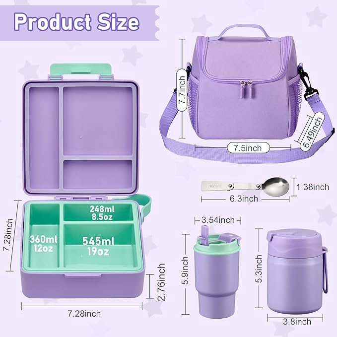 Bento Lunch Box for Kids with 17oz Soup Thermo,Insulated Tumbler Water Bottle and Insulated Lunch Bag,Leak-Proof 3 Compartment Lunch Food Container with with Ice Pack for Kids to School-Purple