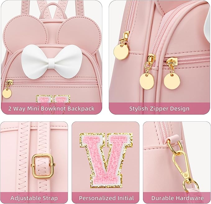 KKXIU Girls Initial Bowknot Cute Mini Backpack for Toddler, Travel Small Girl Backpacks, Personalized Trendy Stuff Gift for Little Girls and Kids(V, Pink)