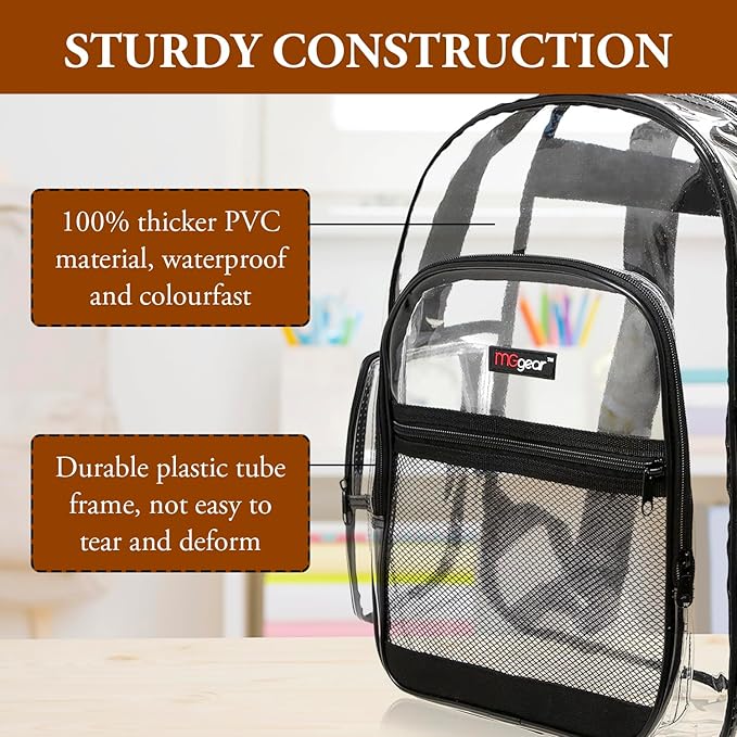 17 Inch Clear PVC Backpack with Black Trim and 5 Zipper Compartments, Transparent School Bookbag for Boys Girls, Travel or Work Bag for Men Women