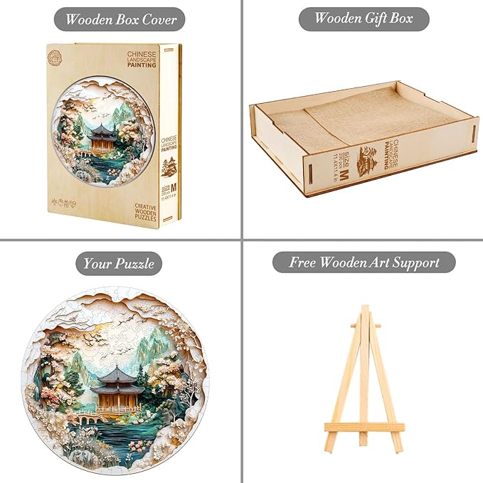 KAAYEE Wooden Puzzles for Adults, Chinese Landscape Painting Wooden Jigsaw Puzzle, 450 PCS Unique Shape Wood Puzzle Adult, 3D Visual Effect Flat Puzzle Birthday Family Games (XL-17.3 * 17.3in)