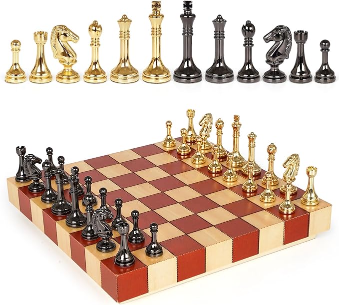 Metal Chess Set for Adults & Kids with Metal Chess Pieces –Wooden Chess Board Game with Portable Storage Case, Classic Strategy Family Board Game Gift Travel Chess Set
